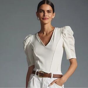 Anthropologie | Puff Sleeve Structured V-neck Shirt Top Swiss Dots White XSP